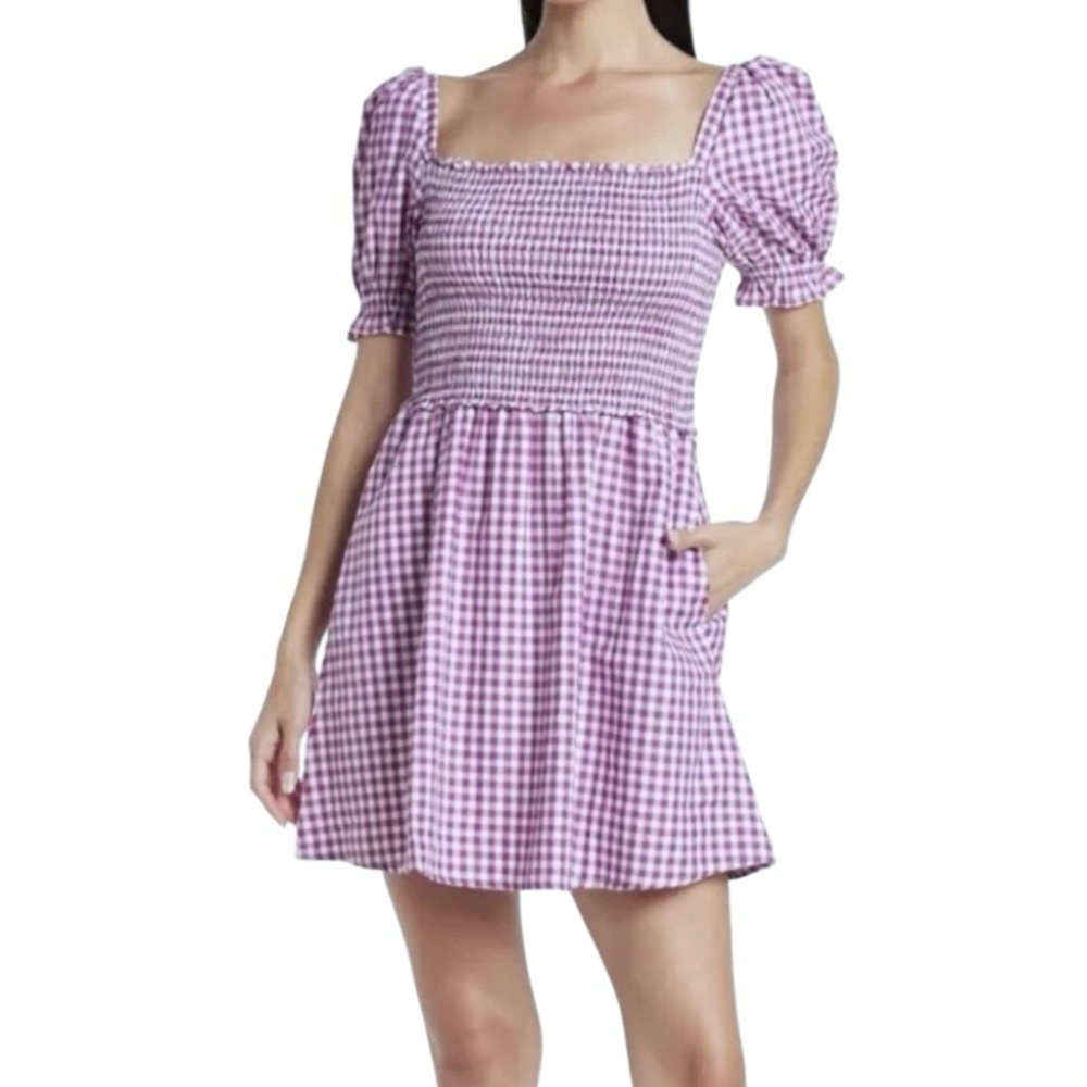 French Connection Purple Gingham Puff Sleeve Smocked Dress Women's Size 8 NWOT